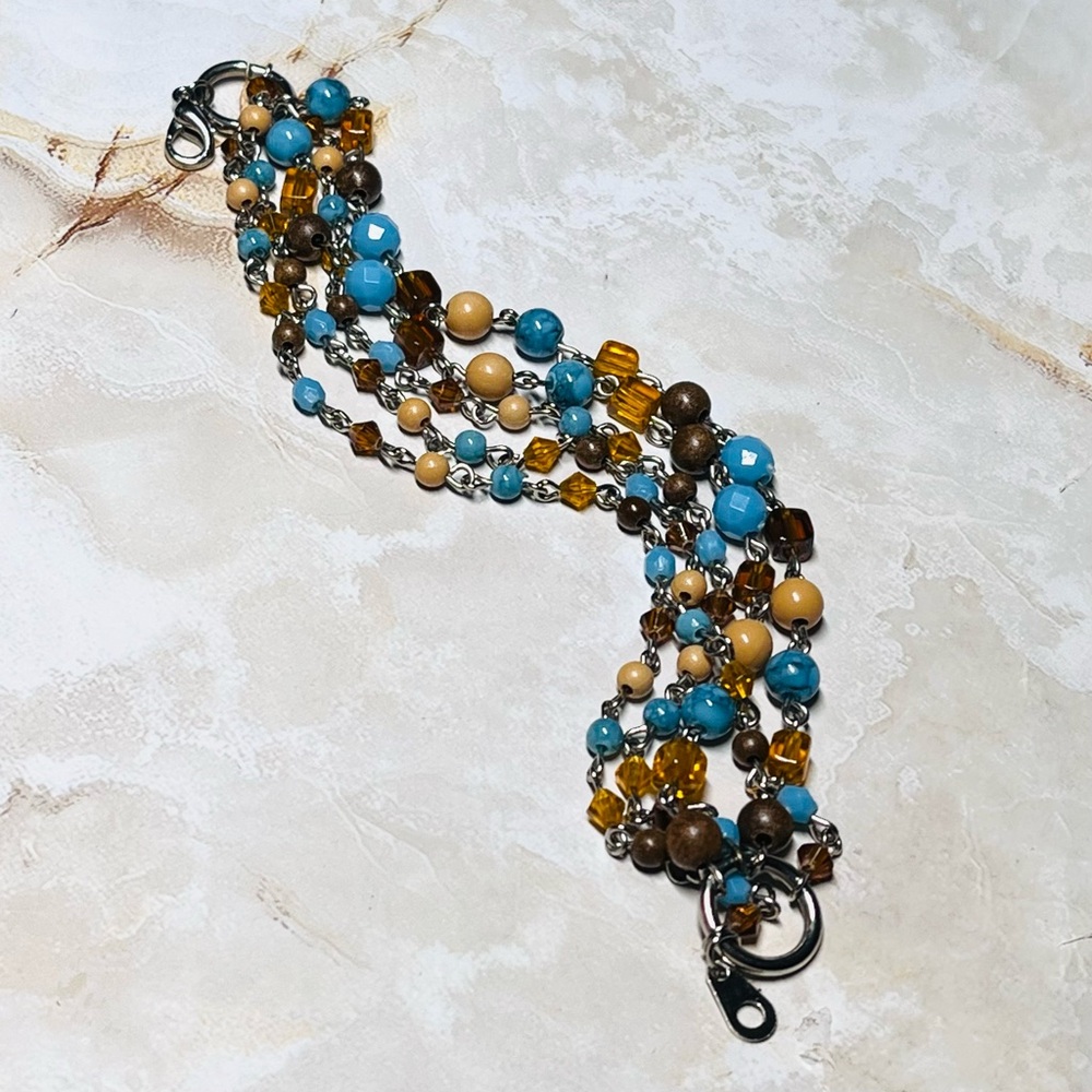 Bead Chain Links Multilayer Bracelet 7.75" Long Faux Turquoise, Browns, Tan